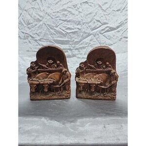Vintage Covered Wagon Western Bookends Carved Wood Book Shelf Ends